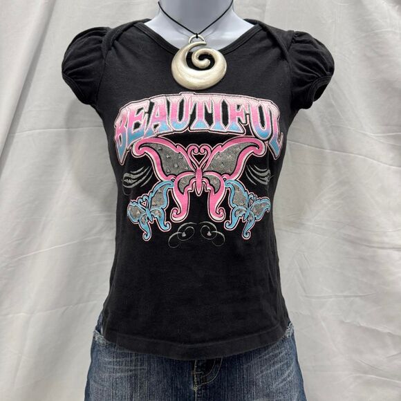 Canyon River Blues Y2K Black Graphic Baby Tee Butterfly Sparkly - Picture 2 of 8